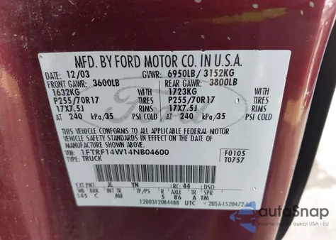 2004 Ford F-150 Stx/Xl/Xlt из США, поврежденный, VIN 1FTRF14W14NB04600